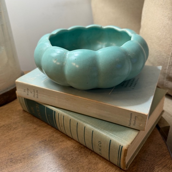 RARE Antique Rumrill Pottery Turquoise Scalloped Bowl – c. 1920- 1930s